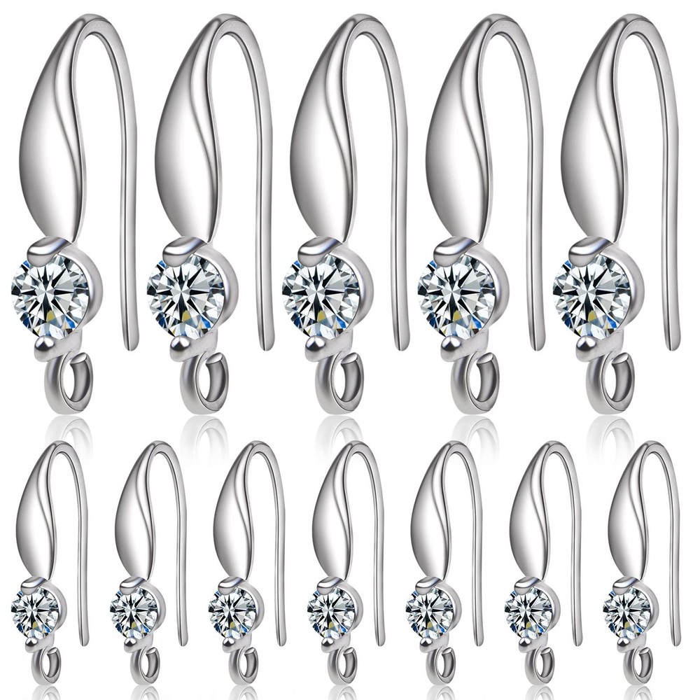12pcs Silver Plated Rhinestone Earring Hooks Brass Ear Wire Fish Hooks with O…