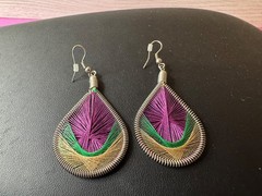 String Art Earings Tear Drop Shape Purple Greens 2″ Drop