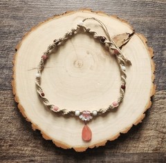 Hemp Necklace / Choker with Cherry Quartz Crystal Pendant and Glass Beads