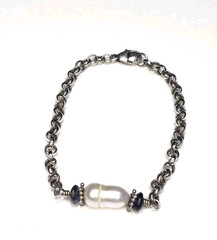 Sterling Silver Freshwater Pearl Bracelet Amethyst Beads Rolo Chain 6.24g…