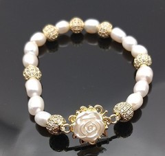 White Rose White Freshwater Pearls Golden CZ Pavé Beaded Bracelet