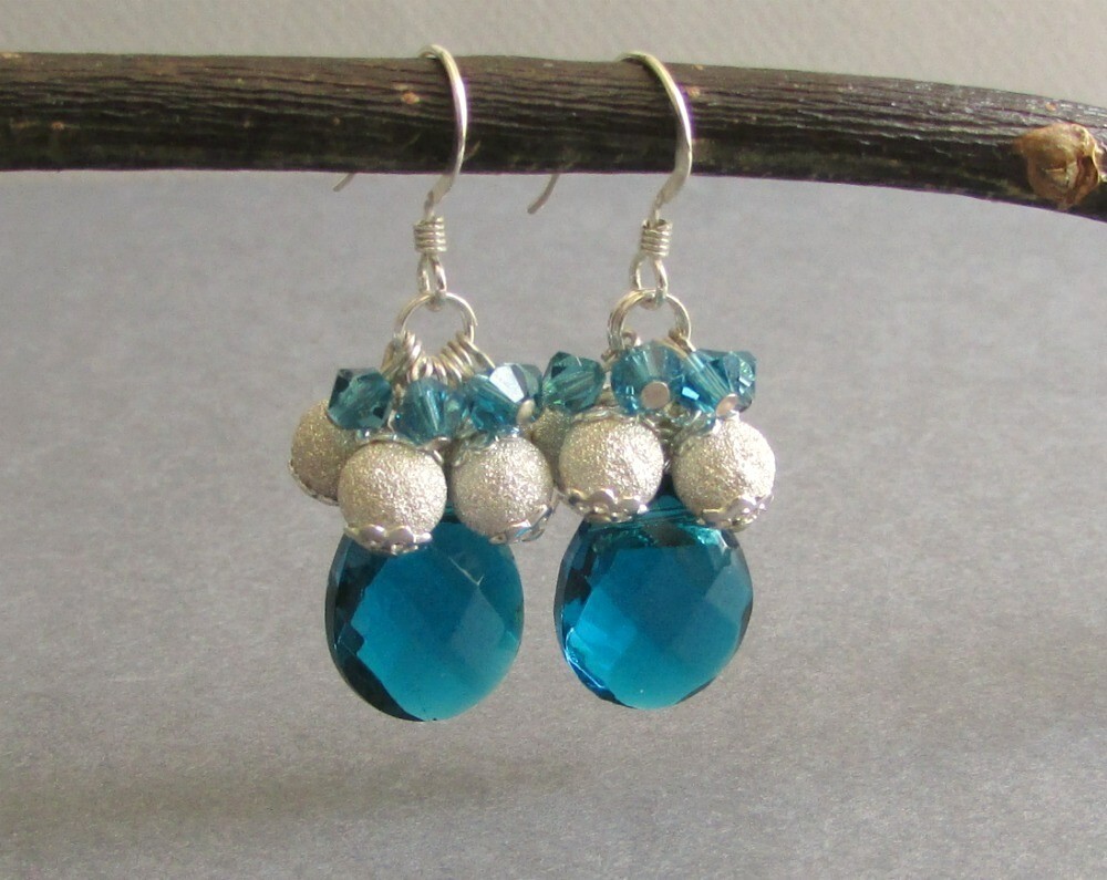Handmade STERLING SILVER Teal Blue Quartz Briolette and Crystals Earrings