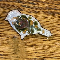 Enamel on Copper Pin Brooch -SIGNED INGA Bird SHAPE -Creme Brown