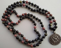Mala 108 Beads, Flower Obsidian, Rhodonite & Onyx Hand knotted Mala Necklace
