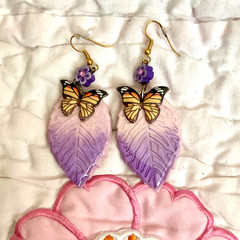 Butterfly & Leaf Earrings polymer clay pierced dangle handmade by Sally