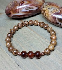 Hessonite Garnet Gemstone Bracelet With Brown Wooden Beads Stretchy 6.50″