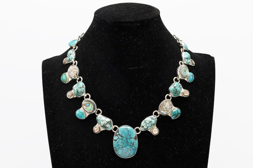Statement Jewelry 925 Silver Bib Necklace With Turquoise And Abalone Paua Shell