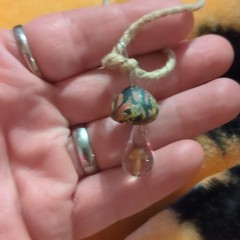 Handcrafted Multicolor Hemp Cord Necklace with Glass Teardrop Mushroom Pendant