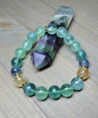 Green Fluorite Crystal Bracelet With Yellow & Purple Stretch Gem Beads 6.75″