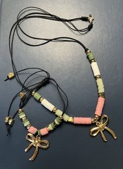 Pink, Green, White, Gold, Black Bow Charm Bead and Nylon Necklace-Bracelet Set