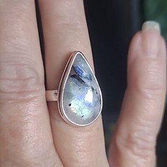 Black Tourmaline in Moonstone Solid Sterling Silver ring. Size 5.5