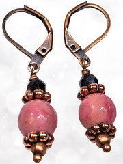 Pink Rhodonite & Black Tourmaline Gemstone Earrings Antique Copper Dangle