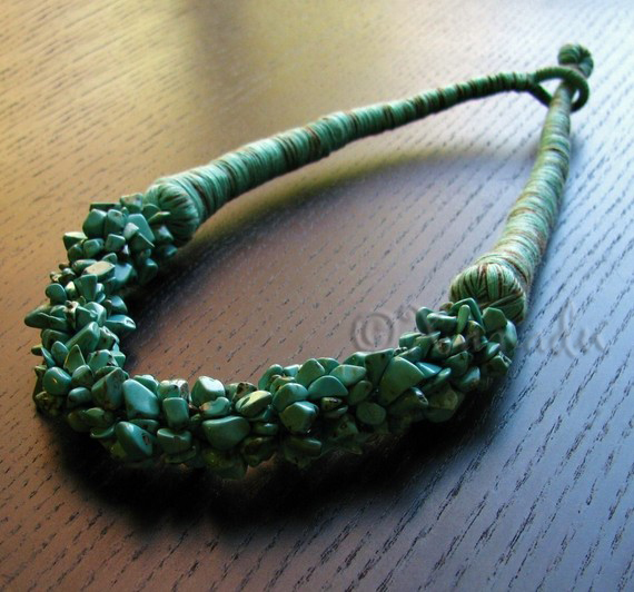 Turquoise Gemstone Chip Necklace – Hand Wrapped Turquoise Cotton Cord Choker