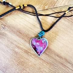 Handmade Resin Heart Pendant with Marbled Paper & Turquoise Bead by Art Story