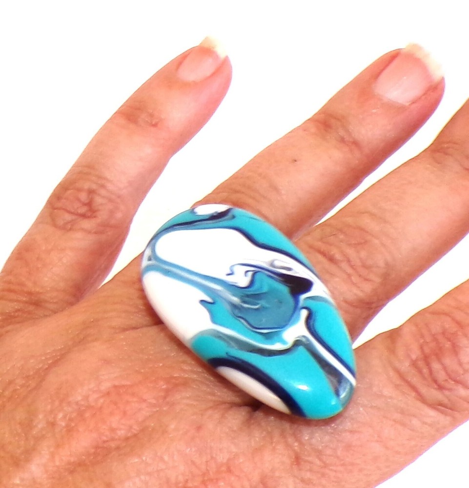 Sobral Onda Velocidade Marbled Blue & White Artist Made Statement Ring Size 8.25