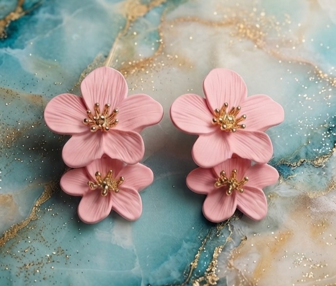 Handmade Pink Double Flower Statement Earrings with Gold Accents Floral Drop Ear
