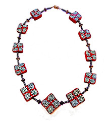 Handcrafted Polymer Clay Necklace / Maroon & Variable Gray Pattern, 9″ in Length