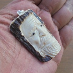 Mountain Man Wizard Carved Bone Pendant from Deer Antler with Plated Silver Bale