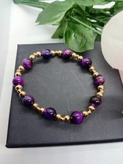 Tigers Eye 14K Gold Stretch Bead Bracelet Purple 8MM 5MM Focus Healing Women New