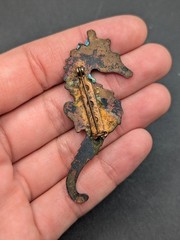 Vintage Copper Enamel Blue Seahorse Ocean Sea Animal Beach Figural Pin Brooch