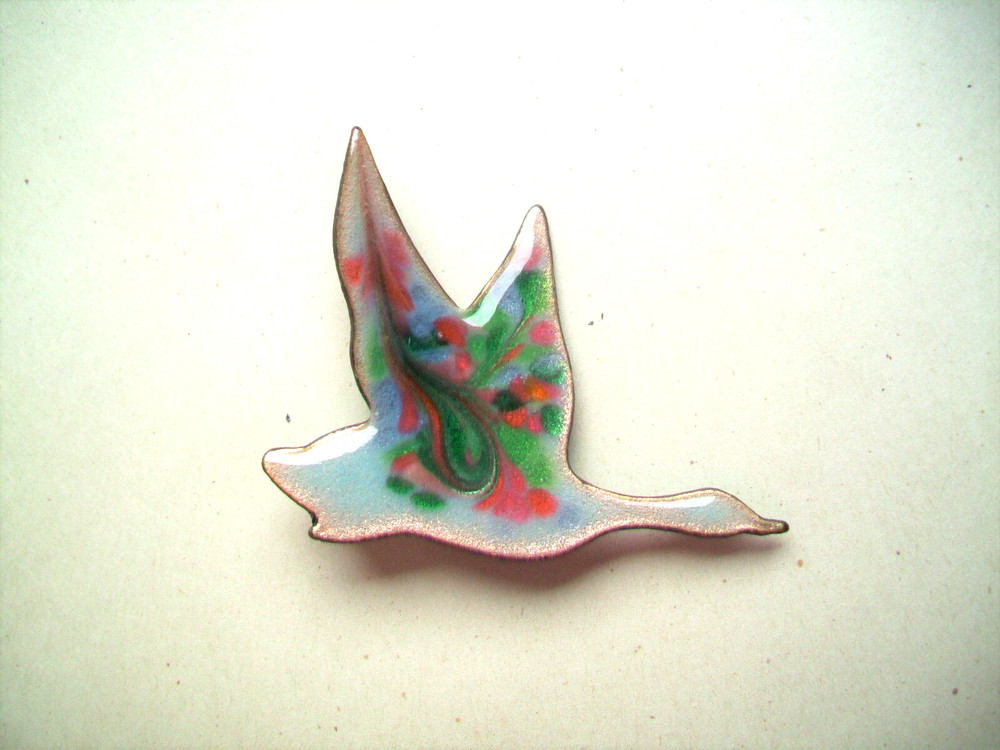 Enamel on Copper FLYING DUCK Pin Brooch Signed INGA-PEACH/GREEN/AQUA COLOR