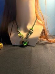 Artisan Handmade Green Glass Flower Heart Pendant Necklace with Multi-Stone Bead