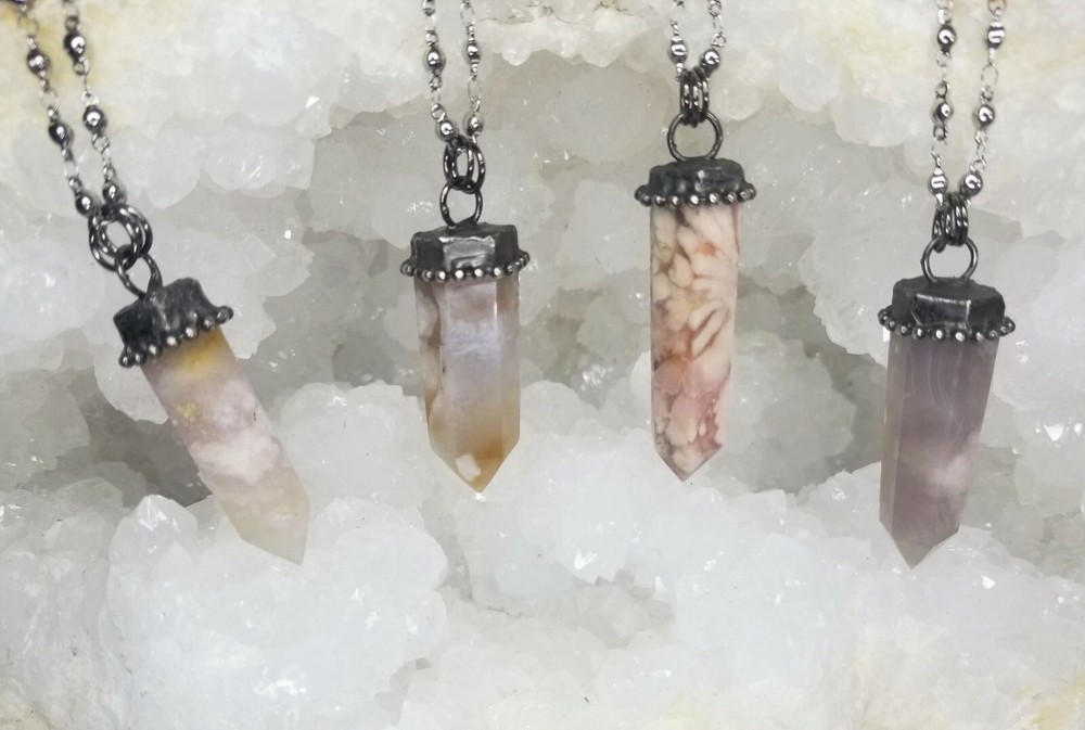 Agate Quartz Tower Crystal Point Chunky Soldered Pendant Necklace – Flower Agate