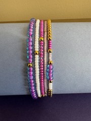 womens hand made multi layer beaded bracelet white, gold, pink and purple beads