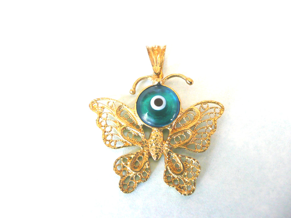 GOLD PLATED MURANO GLASS BLUE EVIL EYE FILLIGREE LUCKY BUTTERFLY PENDANT