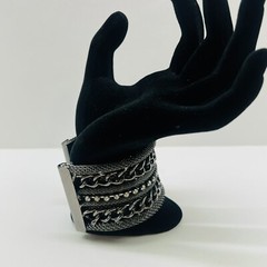 Gunmetal Cuff Bracelet With Rhinestones Metal Mesh Curb Link Chain Punk Preowned