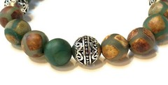 Matte Green Brown Tibetan DZI Agate & Silver Bali Bead 10mm Gemstone Bracelet