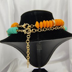 Boho Wood Disc Bead Statement Necklace Set of 2 Orange Turquoise Color Gold Tone