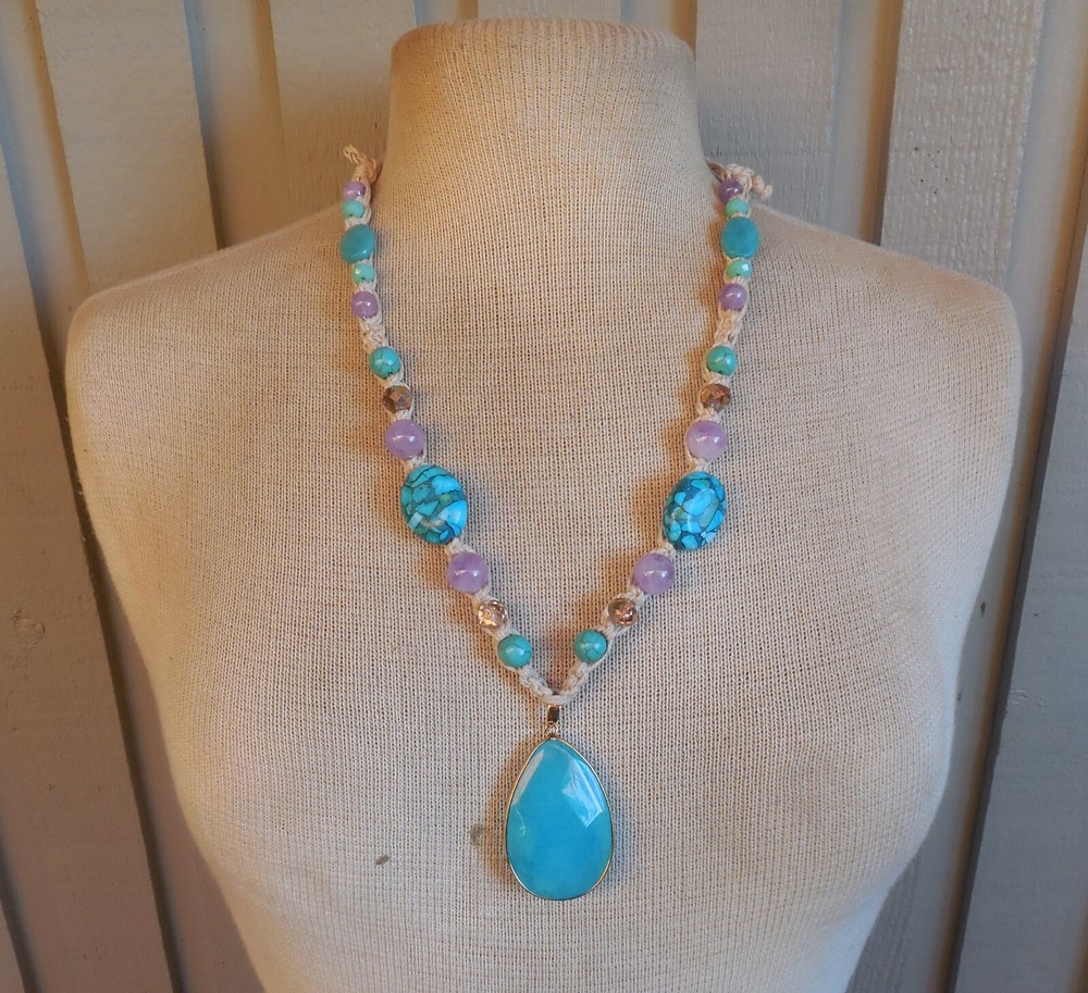 Aqua Blue Quartzite Adjustable Hemp Necklace Amazonite Amethyst Gemstone Beads