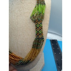 Multi Strand Seed Bead Statement Necklace Green Gold Iridescent Woven Boho 22″