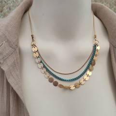 Layered Bib Necklace Gold Turquoises Tone Chain Modernist Egyptian Revival