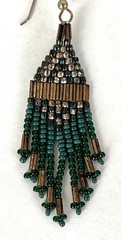 Green & Yellow Seed Beads w/ Gold Tone Tube Beads Hook Earrings 3” Drop Vintage