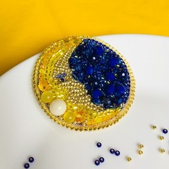 Crescent moon beaded brooch, Embroidered celestial brooch, Moon face jewelry