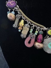 Ayala Bar Handcrafted Bead Charm Textile Fabric Silver Tone Necklace 15”+ Extend