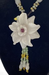 Hand Carved White Jade Flower Pendant Necklace Multi-Color Jade Beads 16″
