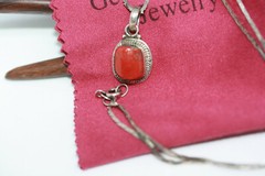 Estate Mexican 925 Silver Coral Jasper Pendant Necklace 45 CM 18″ HeShe Chain