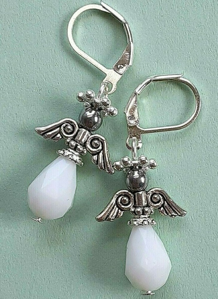 White ANGELS Silver Hematite earring SP LEVERBACK handcrafted