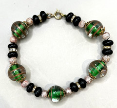 Vintage Beautiful Murano Glass Of Venice Black & Green Gold Beaded Bracelet 8″