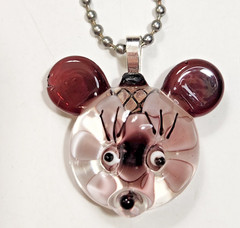 Purple Art Glass Pendant Necklace Teddy Bear w/Flower Inside Beadball Chain READ