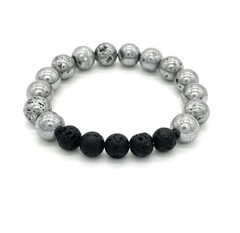 Handmade Silver Druzy Agate and Black Lava Rock Artisan Stretch Bracelet 7-inch