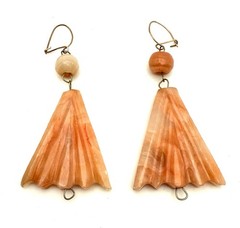Peach Apricot Calcite Agate Earrings Fan Shape Pierced Hook 2.5” Orange Stone