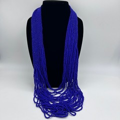 Vintage Blue Seed Bead Bib Necklace Long Big Fringe Statement Western Waterfall