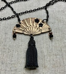 Asian style Necklace- Vintage Brass Fan, Black Acrylic Flowers & Tassel, 18”
