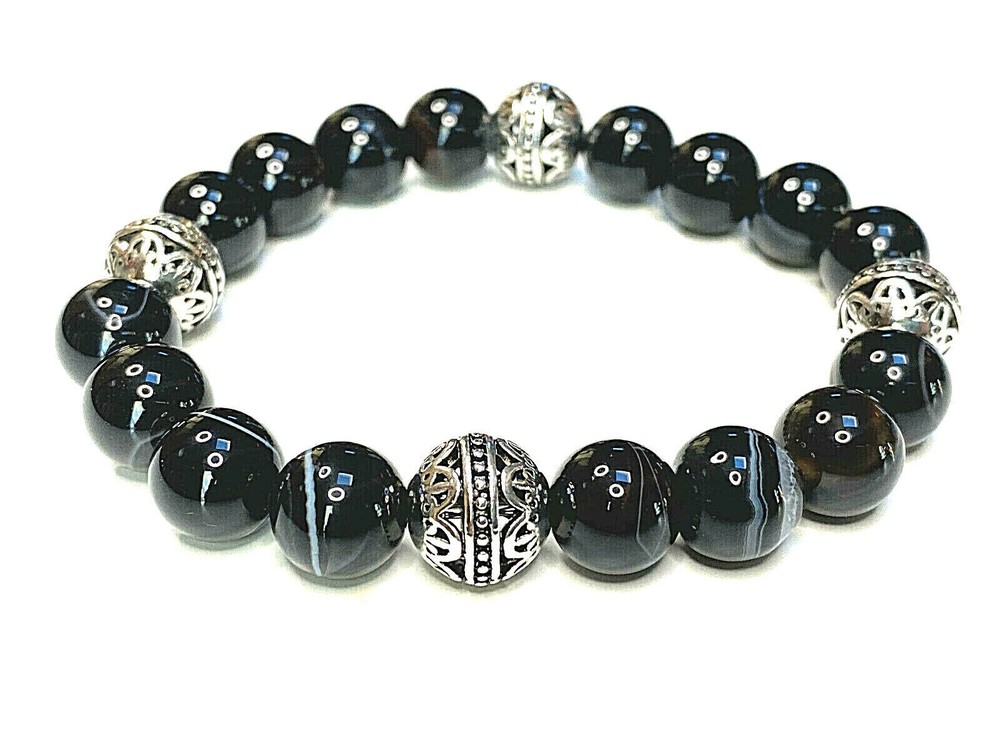 Handmade 10mm Sardonyx Gemstone & .925 Sterling Silver Bali Bead Mood Bracelet
