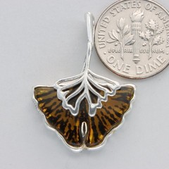 Black & Yellow BALTIC AMBER Ginko Pendant 925 STERLING SILVER Necklace #2179e