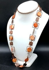 Artisan Copper & Orange Mother Of Pearl Shell Necklace Embossed Geometric Links